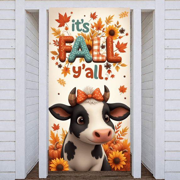 Colorful Design Fall Banner Cute Autumn Cow Thanksgiving Pumpkin for Seasonal Decor Home Decoration Festive Celebration