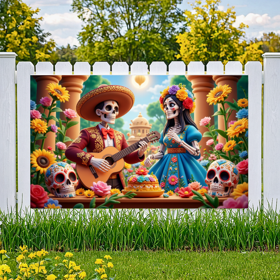 Colorful Design Festive Banner Skull Illustration Traditional Attire Floral Arrangement for Cultural Event Home Decor Celebration