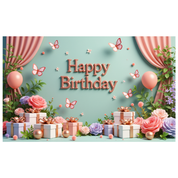 Colorful Design Happy Birthday Banner Balloon Decoration Gift Box Floral Elements for Birthday Party Celebration Photo Shoot Event Decoration
