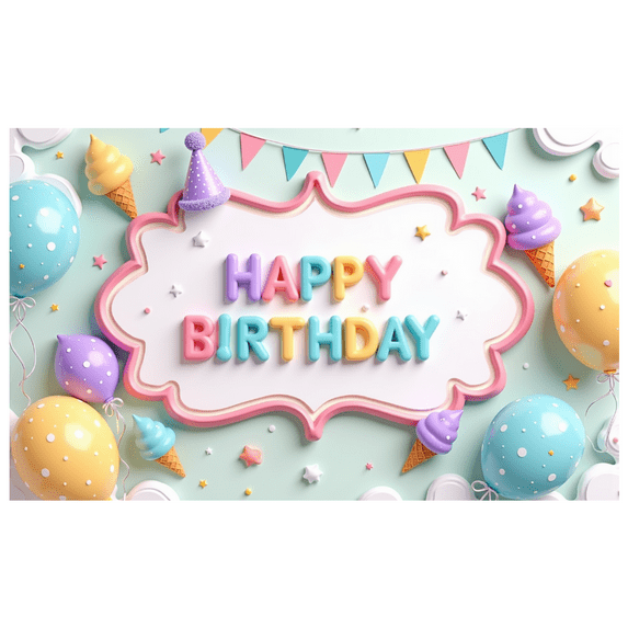 Colorful Design Happy Birthday Banner Decorative Pattern Ice Cream Balloons Party Prop for Kids Celebration Indoor Decoration Event Backdrop