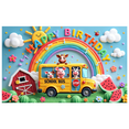thumbnail image 1 of Colorful Design Happy Birthday Banner Farm Animals Rainbow Theme School Bus for Kid's Party Photo Shoot, 1 of 8