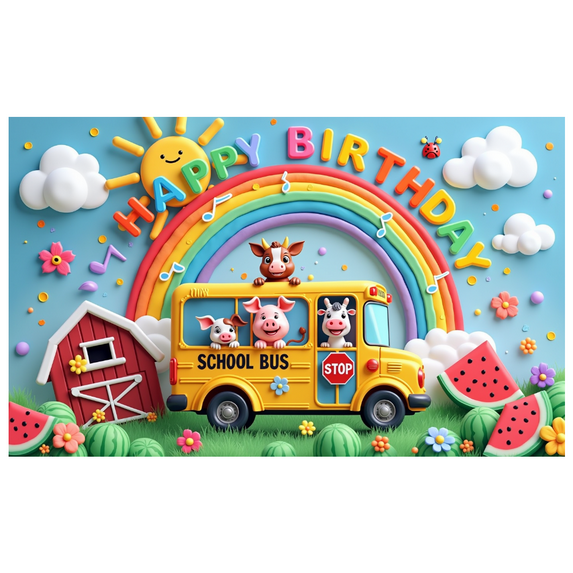 Colorful Design Happy Birthday Banner Farm Animals Rainbow Theme School Bus for Kid's Party Photo Shoot