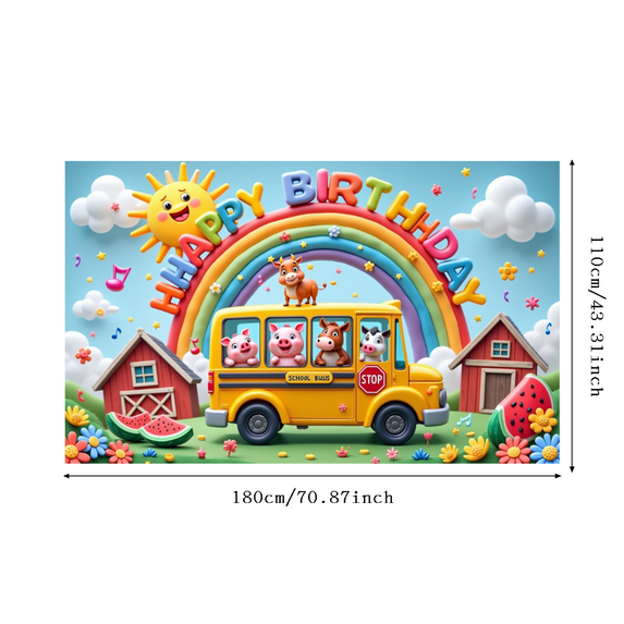 Colorful Design Happy Birthday Banner Farm Animals Rainbow Theme School Bus for Kid's Party Photo Shoot