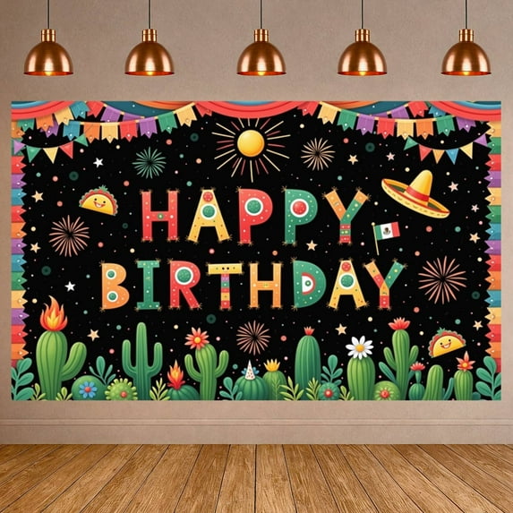 Colorful Design Happy Birthday Banner Mexican Style Fiesta Party Banner Cactus Pattern Taco Cactus Theme Backdrop for Birthday Party Fiesta Celebration Mexican Theme Party