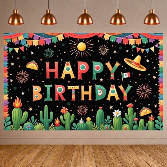Colorful Design Happy Birthday Banner Mexican Style Fiesta Party Banner Cactus Pattern Taco Cactus Theme Backdrop for Birthday Party Fiesta Celebration Mexican Theme Party
