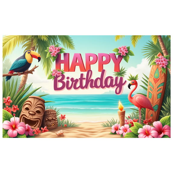 Colorful Design Happy Birthday Tropical Beach Banner Decorative Flamingo Parrot Floral for Beach Party Celebration Kids