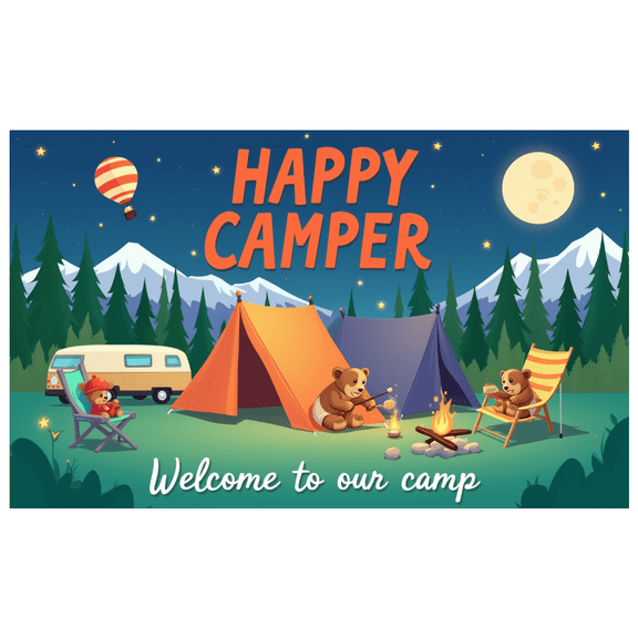 Colorful Design Happy Camper Tent Banner Cartoon Campfire Decoration for Outdoor Adventure Kids Party Summer Evening