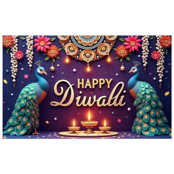 Colorful Design Happy Diwali Banner Decorative Peacock Art Floral Garland for Festival Celebration Home Décor Party Decoration