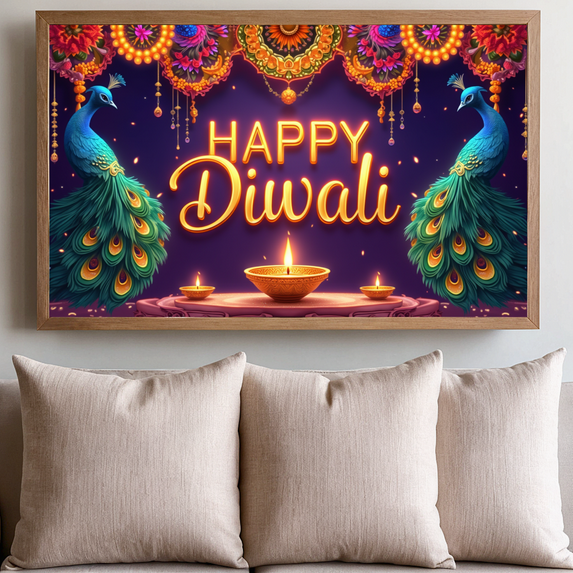 Colorful Design Happy Diwali Banner Decorative Peacock Art Floral Garland for Festival Celebration Home Décor Party Decoration