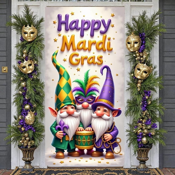Colorful Design Happy Mardi Gras Banner Jester Hat Pattern Mardi Gras Display Feather Mask Gnome Character Carnival Backdrop for Mardi Gras Celebration Carnival Party Photo Shoot
