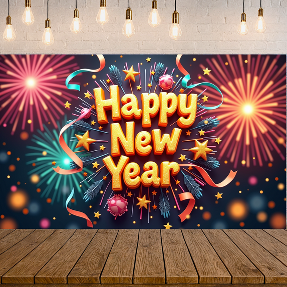 Colorful Design Happy New Year Banner Festive Fireworks Celebration Backdrop for New Year Party Indoor Decoration Holiday Event