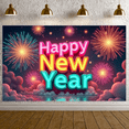thumbnail image 1 of Colorful Design Happy New Year Banner Festive Fireworks Celebration Backdrop for New Year Party Indoor Decoration Holiday Event, 1 of 9