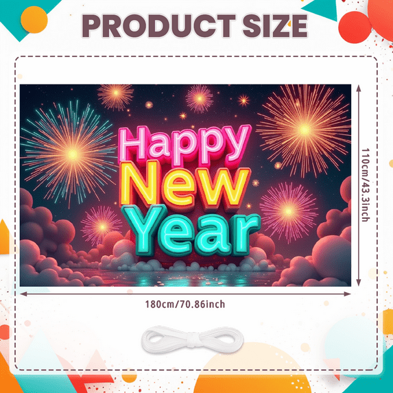 Colorful Design Happy New Year Banner Festive Fireworks Celebration Backdrop for New Year Party Indoor Decoration Holiday Event