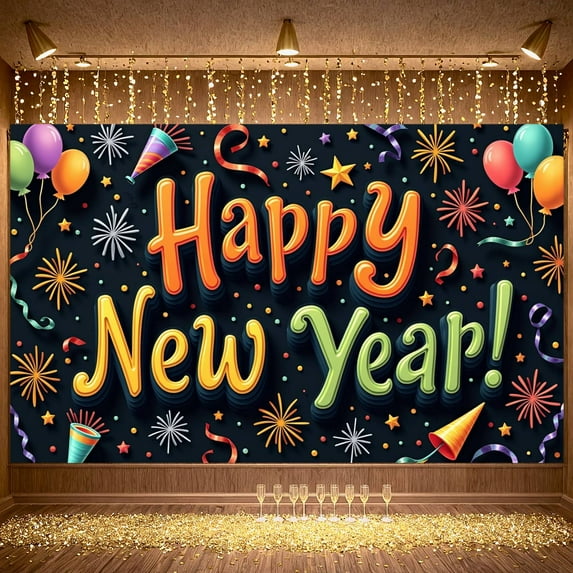 Colorful Design Happy New Year Banner Festive New Year Display Firework Pattern Balloon Decoration Festive Backdrop for New Year Party Holiday Celebration Indoor Decoration