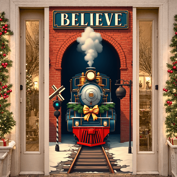 Colorful Design Holiday Banner Christmas Decoration Train Scene Decor Celebration Backdrop Believe Sign for Holiday Party Indoor Festive Gathering