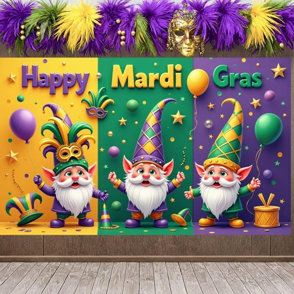 Colorful Design Mardi Gras Banner Masquerade Masks Carnival Display Festive Balloons Golden Stars Festive Backdrop for Carnival Party Festive Celebration Masquerade Event