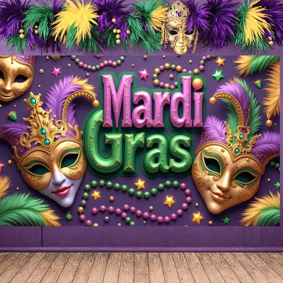 Colorful Design Mardi Gras Banner Masquerade Theme Carnival Display Feather Decoration Firework Pattern Festival Background for Carnival Party Mardi Gras Celebration Masquerade Ball