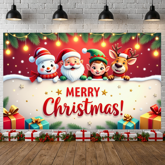 Colorful Design Merry Christmas Banner Cute Characters Celebration Party Decor for Holiday Events Family Gatherings Kids Parties