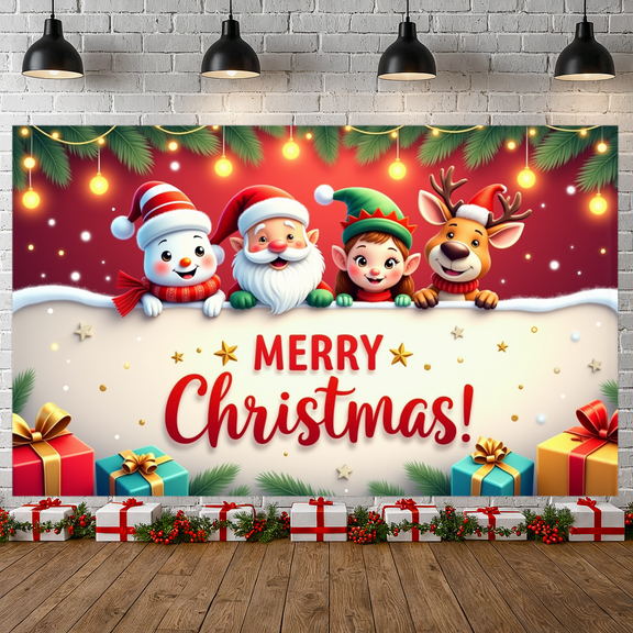 Colorful Design Merry Christmas Banner Cute Characters Celebration Party Decor for Holiday Events Family Gatherings Kids Parties