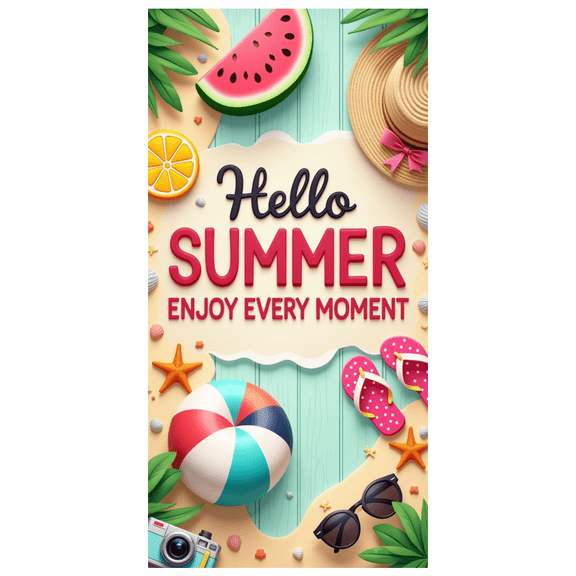 Colorful Design Summer Banner Flip Flops Hello Summer Camera Sunglasses for Beach Party Vacation Event Tropical Decoration