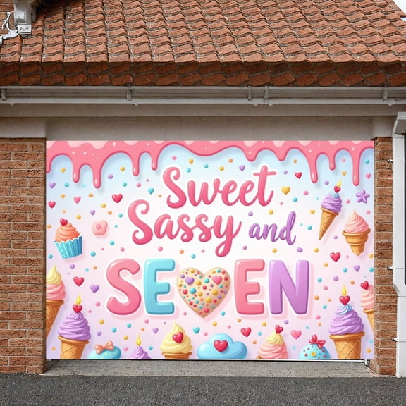 Colorful Design Sweet Sassy and SEVEN Banner Ice Cream Elements 7th Birthday Display Cupcake Decor Heart Shaped Dessert Party Backdrop for 7th Birthday Party Girls' Birthday Celebration Kids' Party
