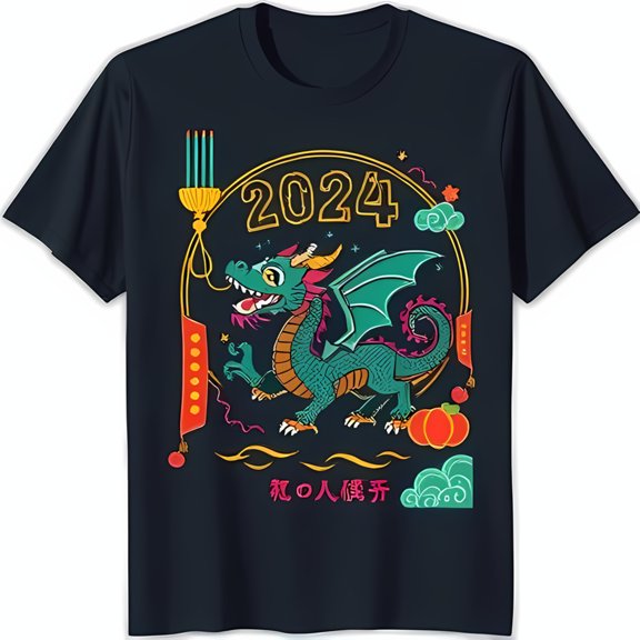 Colorful Design T-Shirt Blue Tee with Gold Circle & 2024 Accents Short Sleeve Neck