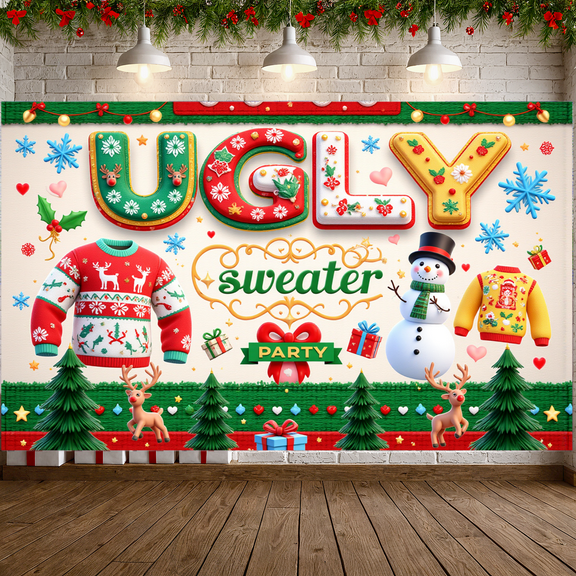 Colorful Design Ugly Sweater Party Decorative Banner Christmas Theme Festive Decoration for Holiday Celebration Indoor Party Winter Event