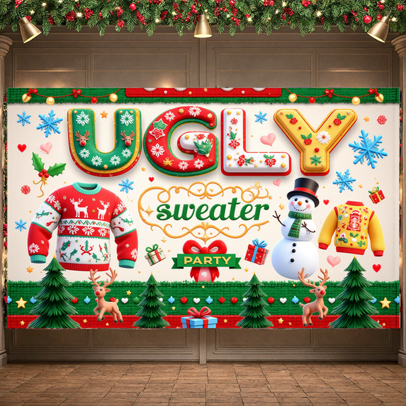 Colorful Design Ugly Sweater Party Decorative Banner Christmas Theme Festive Decoration for Holiday Celebration Indoor Party Winter Event