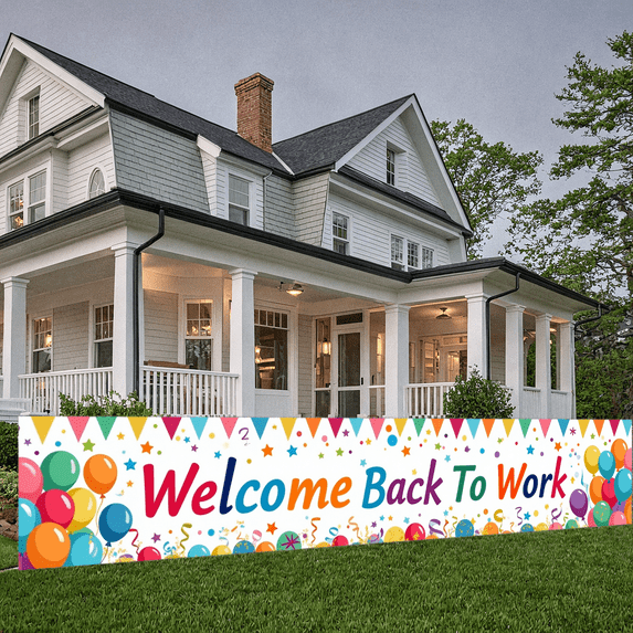 Colorful Design Welcome Back To Work Banner Decorative Balloons Festive Bunting Office Party Backdrop for Office Events Team Gatherings Employee Celebrations
