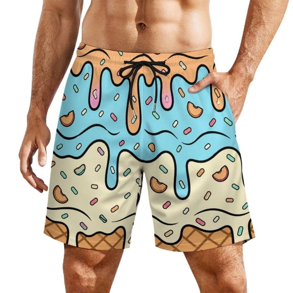 Colorful Dessert Chaos PatternMen’s Beach Shorts Quick Dry Swim Trunks, Lightweight Board Shorts with Elastic Waist for Swimming, Pool, Vacation and Summer Beachwear