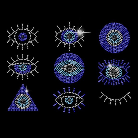 Colorful Devil's Eyes Iron on Rhinestone Heat Transfer 9 Styles Crystal Eyes Decor Clear Bling Patch Clothing Repair Hot Fix Applique for T-Shirts Vest Shoes Hat Jacket DIY Accessories