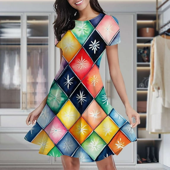 Colorful Diamond Floral Pattern Women's Classic Swing Skater Dress Casual Work Party Cocktail Dresses