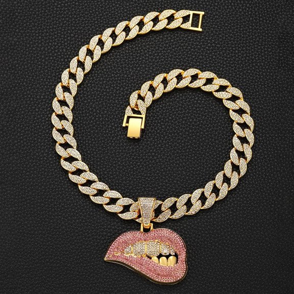Colorful Diamond Sexy Lipstick Hip Hop Personalized Creative Pendant Hip Hop Cuban Chain Necklace