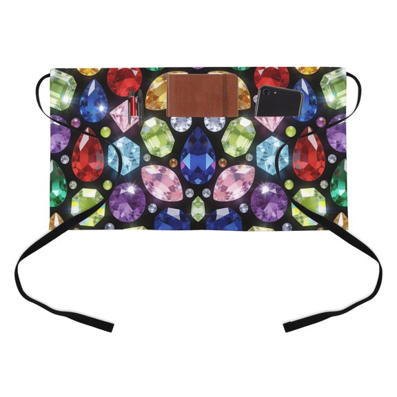 Colorful Diamonds Kitchen Restaurant Half Waist Apron, Sparkling Colored Gemstone Red Blue Yellow Pink Server Short Apron with 3 Pockets Waterproof Oil Waist Aprons for Women Waitress Waiter