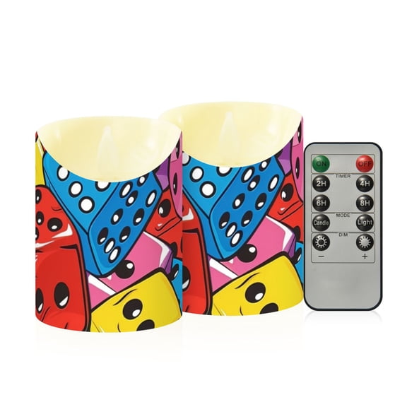 Colorful Dice Cartoon Flickering Flameless Candles with Remote Timer Battery Operated LED Tealight Set of 2 S
