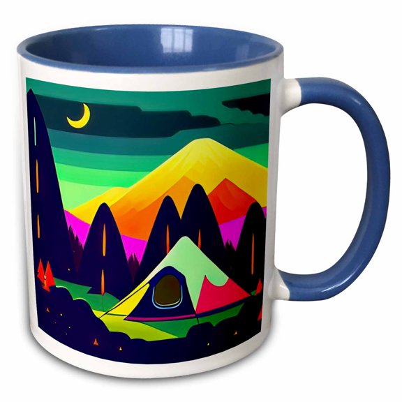 3drose, Colorful Digital Art of a Tent and Mountains. Happy Camper Gift, 11oz Two-tone Blue Mug
