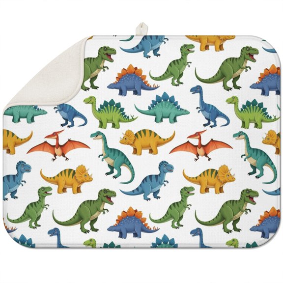 Colorful Dinosaur Assortment Pattern Dish Drying Mat for Kitchen 1 Pack, Ultra Absorbent Microfiber Dishes Drainer Mats,18"x24"