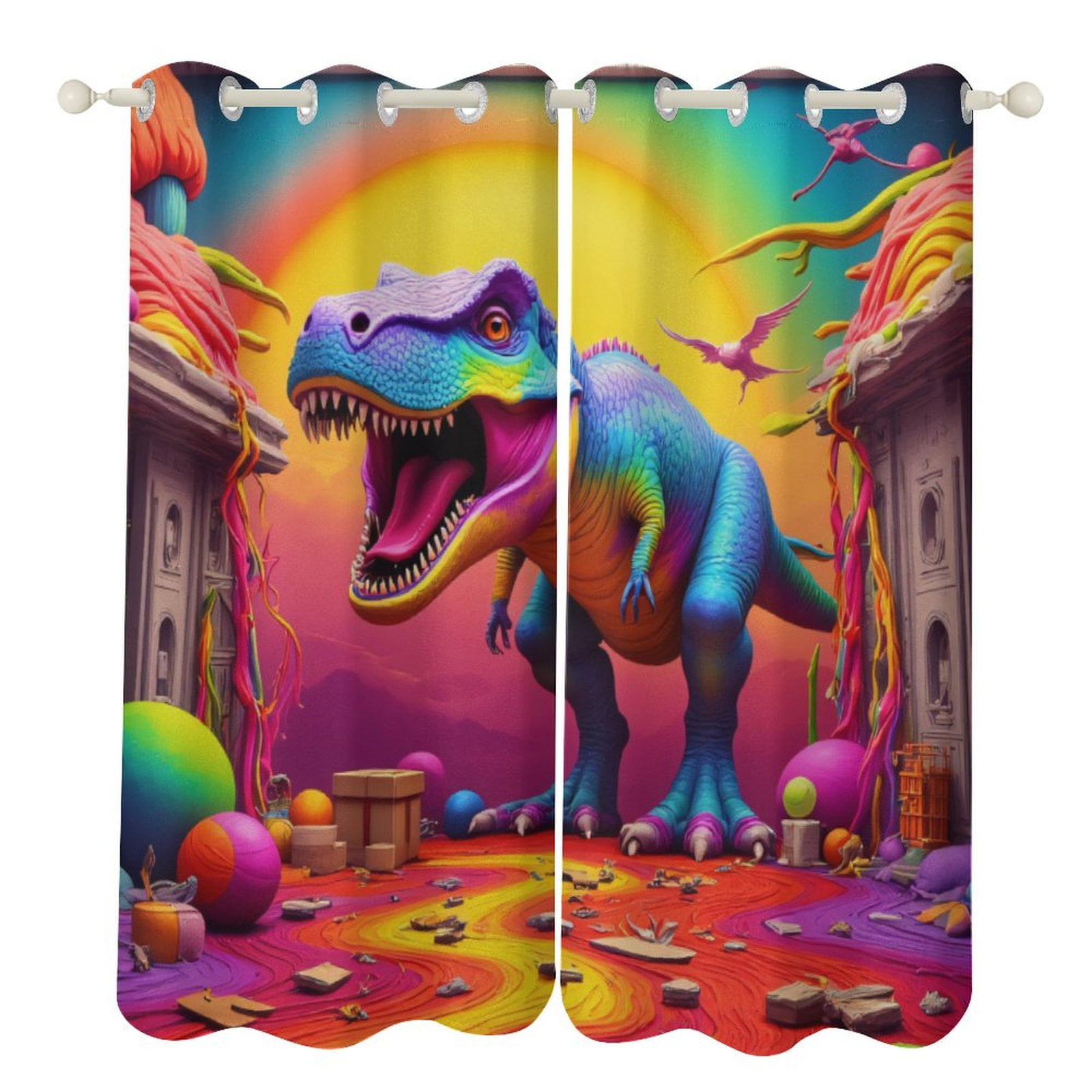 Colorful Dinosaur Fantasy World 2 Panels Curtains for Bedroom Living