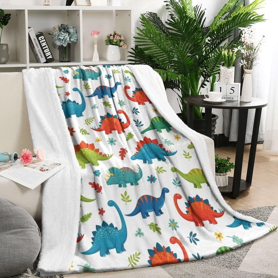 Colorful Dinosaur and Flower Pattern Blanket,Comfortable Soft Lamb Wool Throw Blanket,All Season,Warm Lightweight Blankets for Sofa Bed Couch Living Room Chair,50"x60"