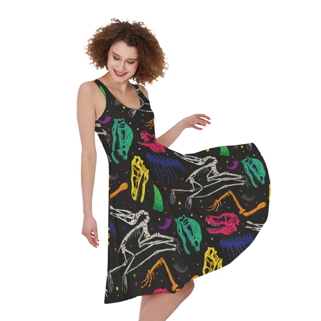 Colorful Dinosaur Fossil Pattern Print Sleeveless Knee Length