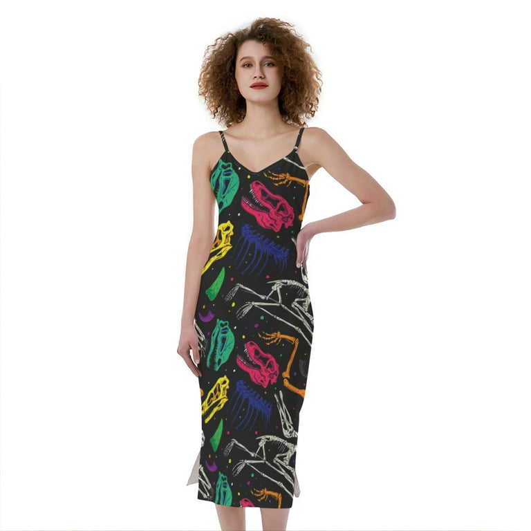 Colorful Dinosaur Fossil Pattern Print Slim Fit Midi Cami Dress
