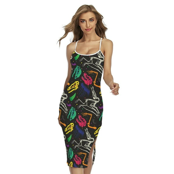 Colorful Dinosaur Fossil Pattern Printed Cross Back Cami Dress, Dinosaur Fashion Summer Maxi Sexy Casual Dress For Women