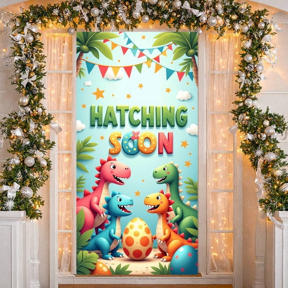 Colorful Dinosaur Hatching Banner Cute Cartoon Baby Shower Backdrop Star Pattern Tropical Leaves Dino Egg Background for Baby Shower Dino Party Kids Celebration
