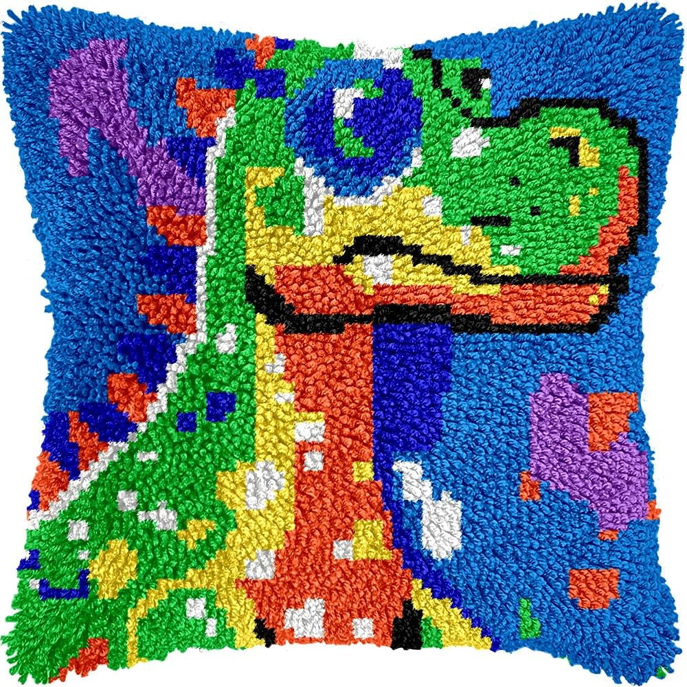 Colorful Dinosaur Latch Hook Kits Pillow kits Cushion Throw Pillow Embroidery Craft Kits DIY Kits of DIY Hooking Pillowcase Cover Supplier with Color Printed Canvas 43x43cm (22)