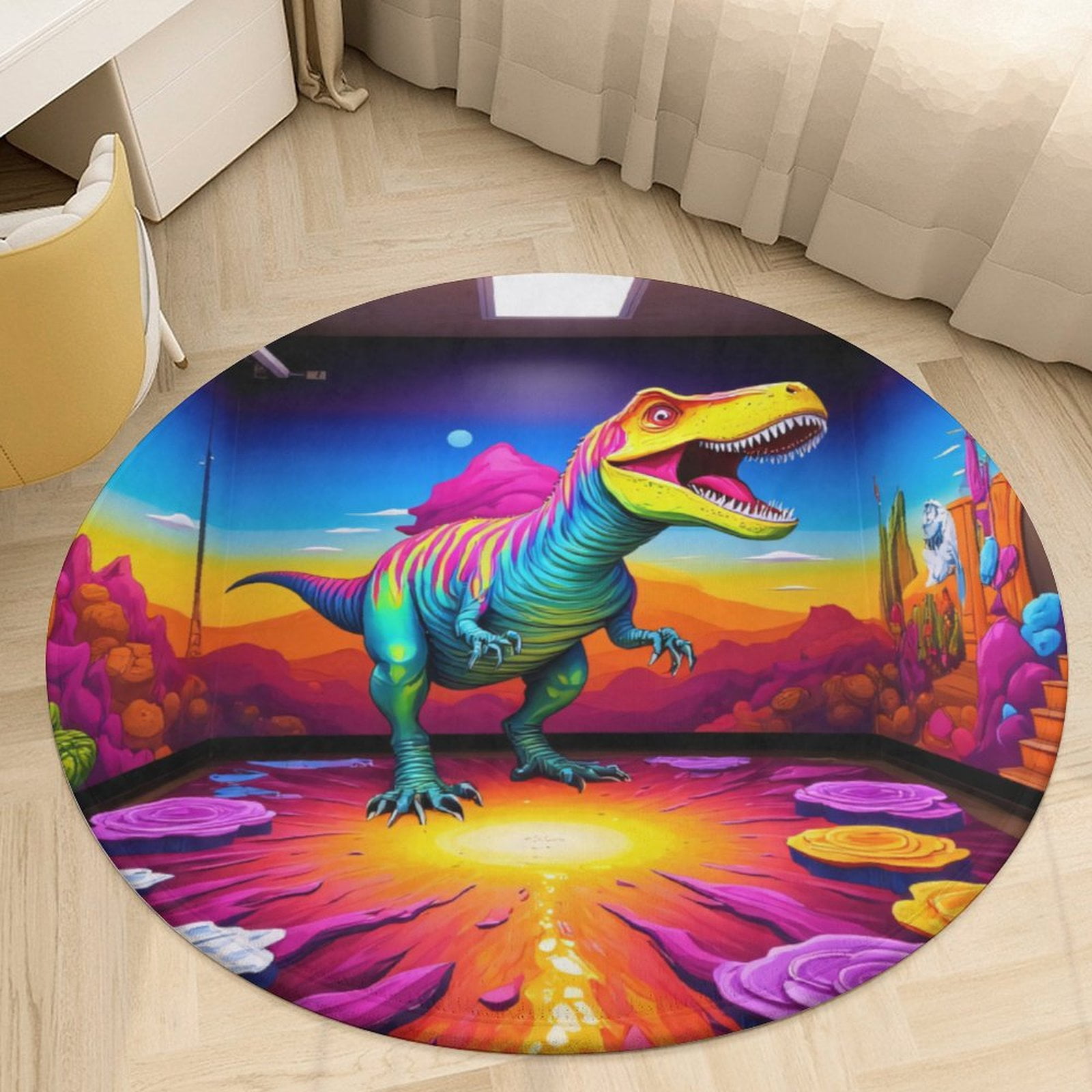 Colorful Dinosaur Mural Room Round Area Rugs for Bedroom Living Room ...