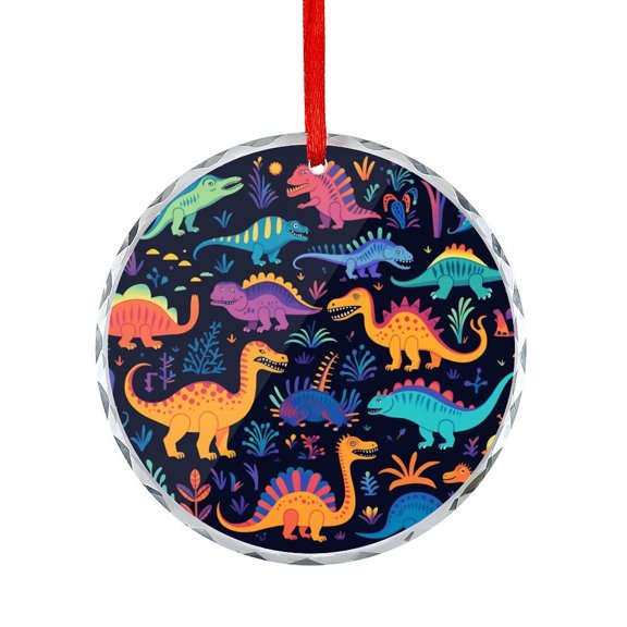 Colorful Dinosaur Pattern Glass Christmas Ornament Cute Colorful Cartoon Christmas Decorative Hanging Ornaments Appreciation Gift for Xmas Friend Bestie Nurse Teacher Mentor Boss Coworker