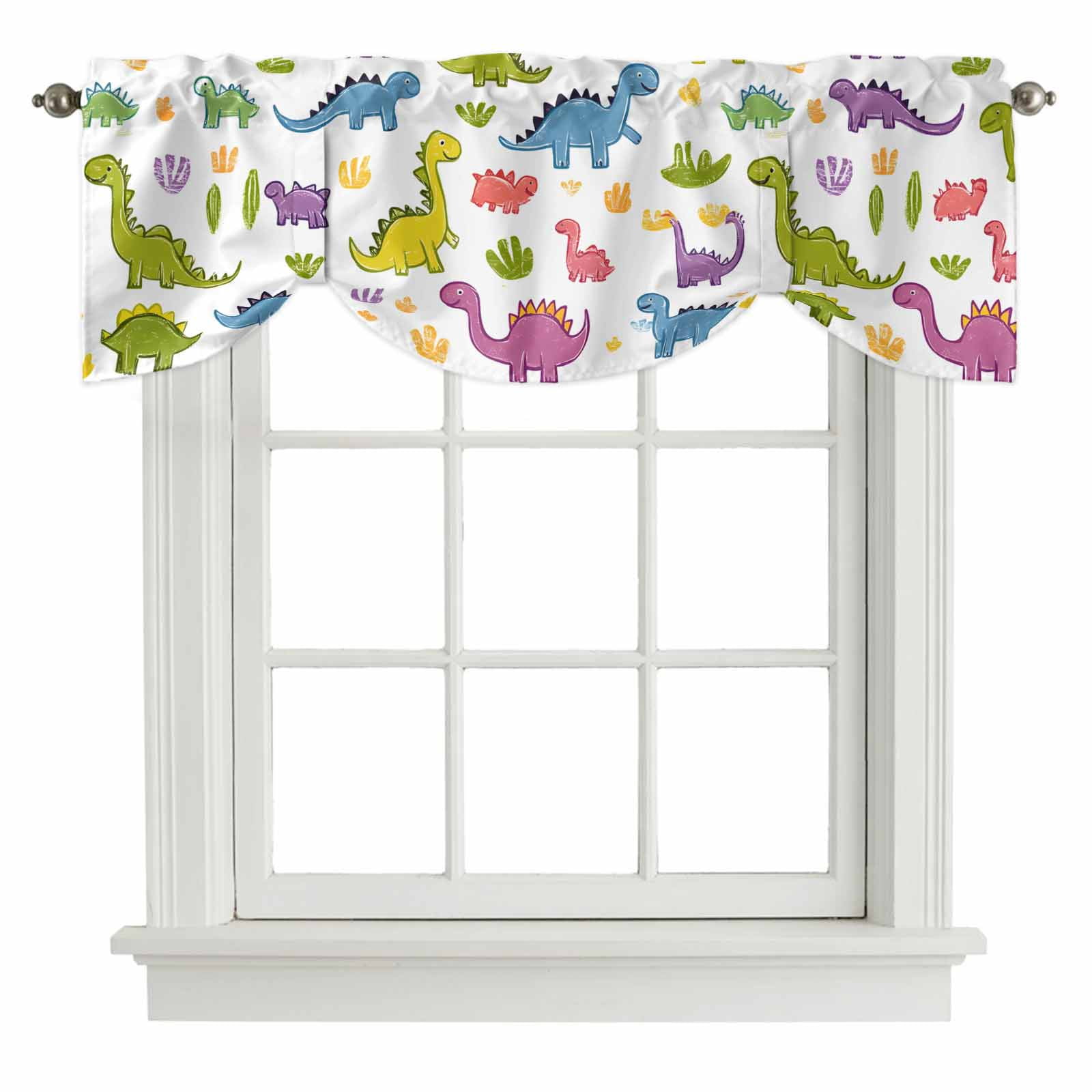 Colorful Dinosaur Tie Up Valance Curtains for Windows, Kitchen Curtains