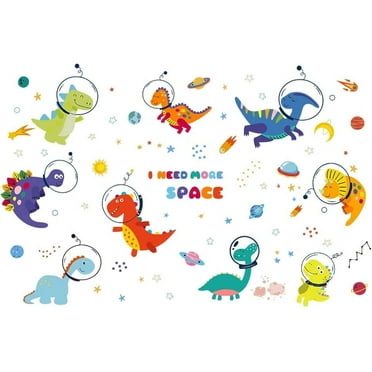 Colorful Dinosaur Wall Decor Astronauts Wall Sticker with Planets Stars Removable Decals Peel and Stick I Need More Space DIY Wall Art Decor Decals Murals for Kid's Room