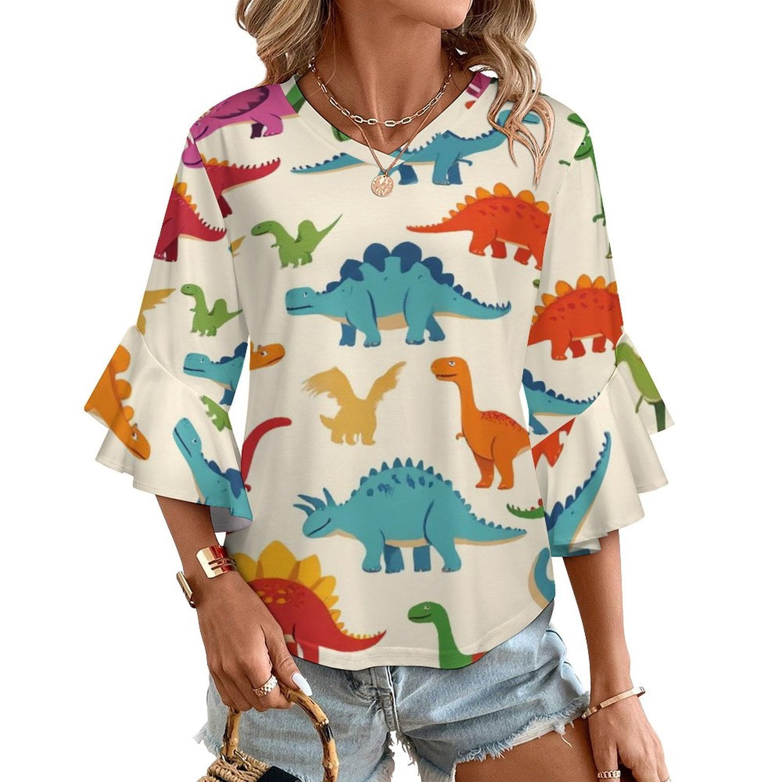 Colorful Dinosaur Women's V-Neck Blouse With 3/4 Ruffled Bell Sleeves ...