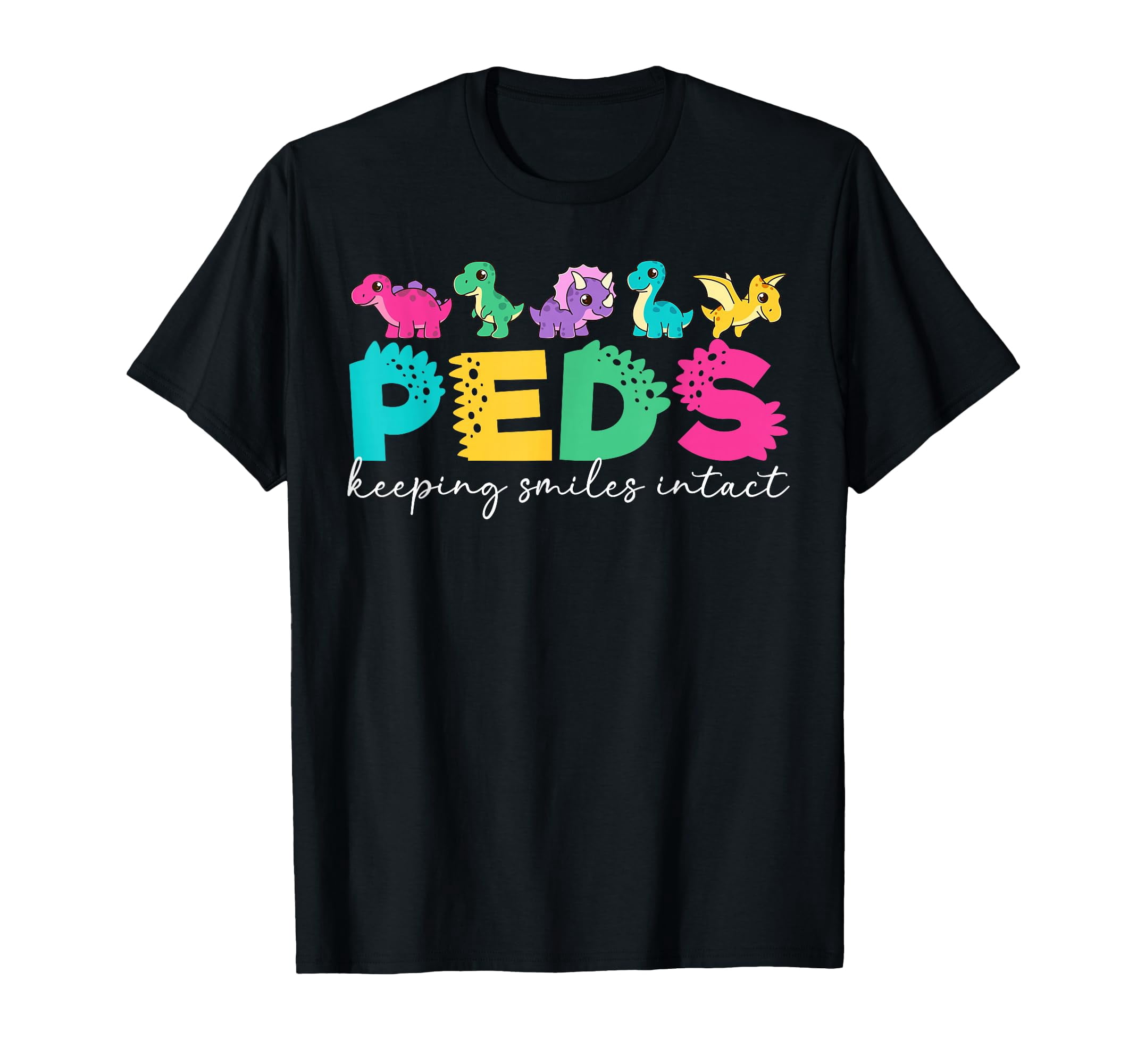 Colorful Dinosaur and Butterfly Graphic Peds Nurse T-Shirt - Keeping ...